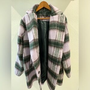 Halogen wool plaid purple and green winter coat.